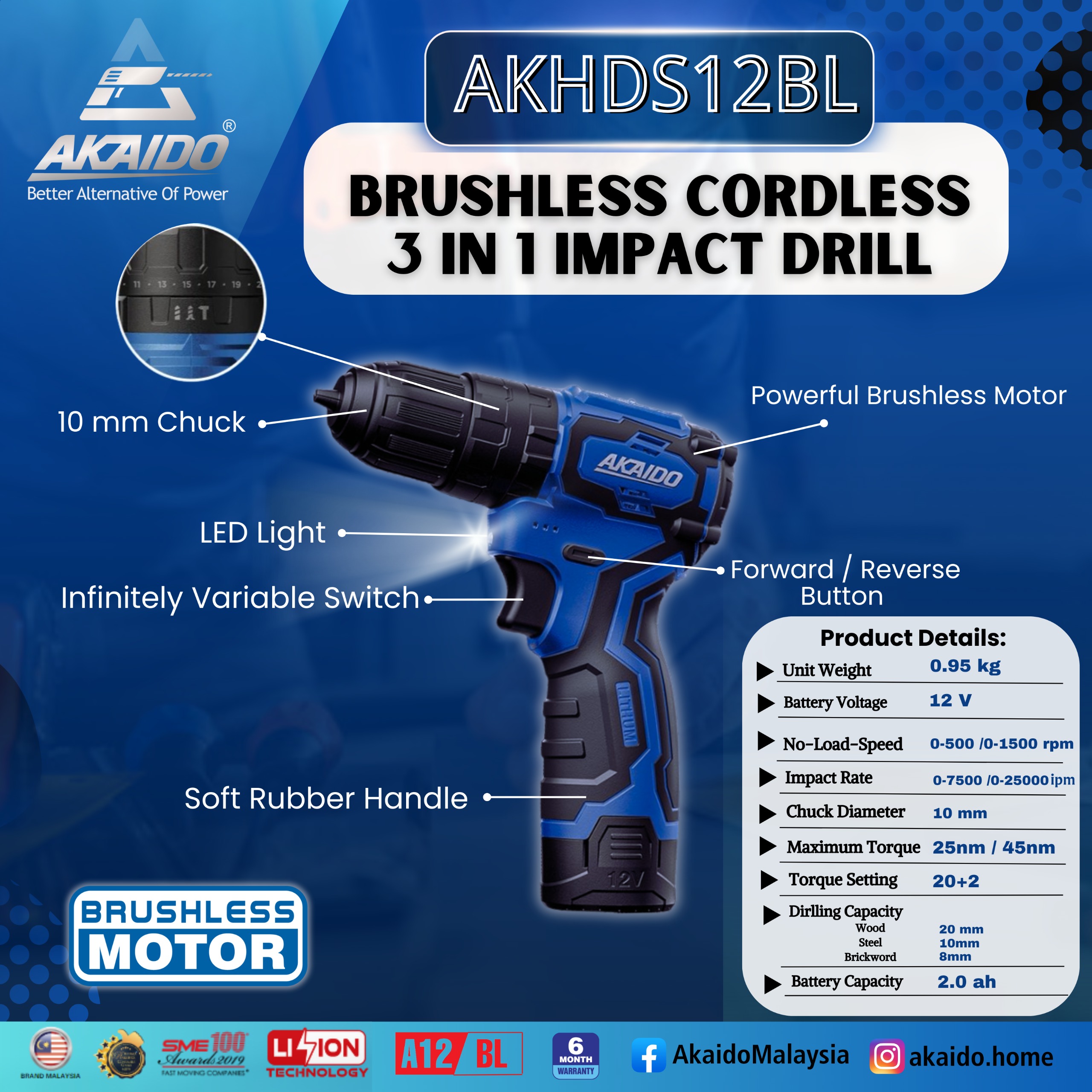 AKAIDO A12BL BRUSHLESS CORDLESS 3 IN 1 IMPACT DRILL AKHDS12BL – AKAIDO