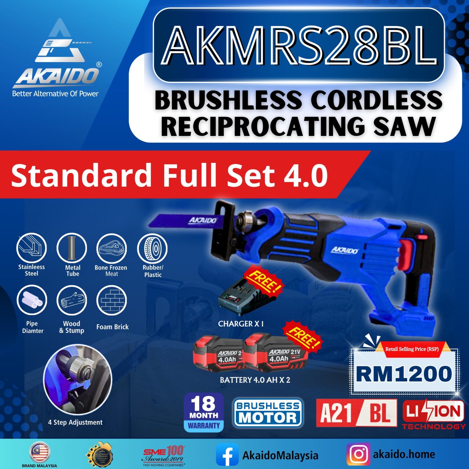 AKAIDO A21BL CORDLESS RECIPROCATING SAW – AKMRS28BL – AKAIDO