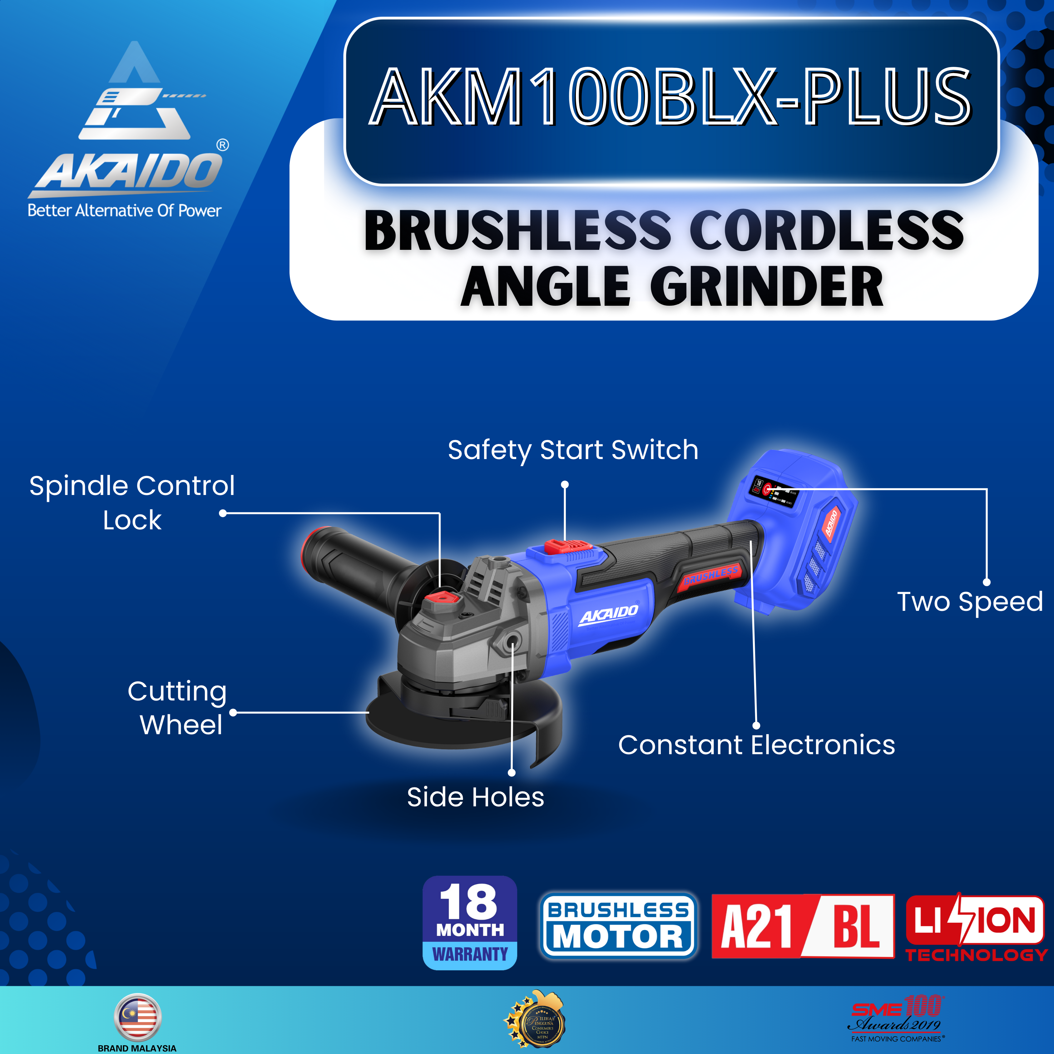 AKAIDO A21BL BRUSHLESS CORDLESS ANGLE GRINDER – AKM100BLX-PLUS – AKAIDO